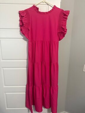 JODIFL Hot Pink Ruffle Sleeve Tiered Dress for Girls